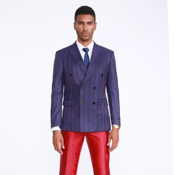 Mens Streak Pinstriped 2pc Double Breasted Suit, Blue w/ Red and White Stripes - Picture 7 of 9